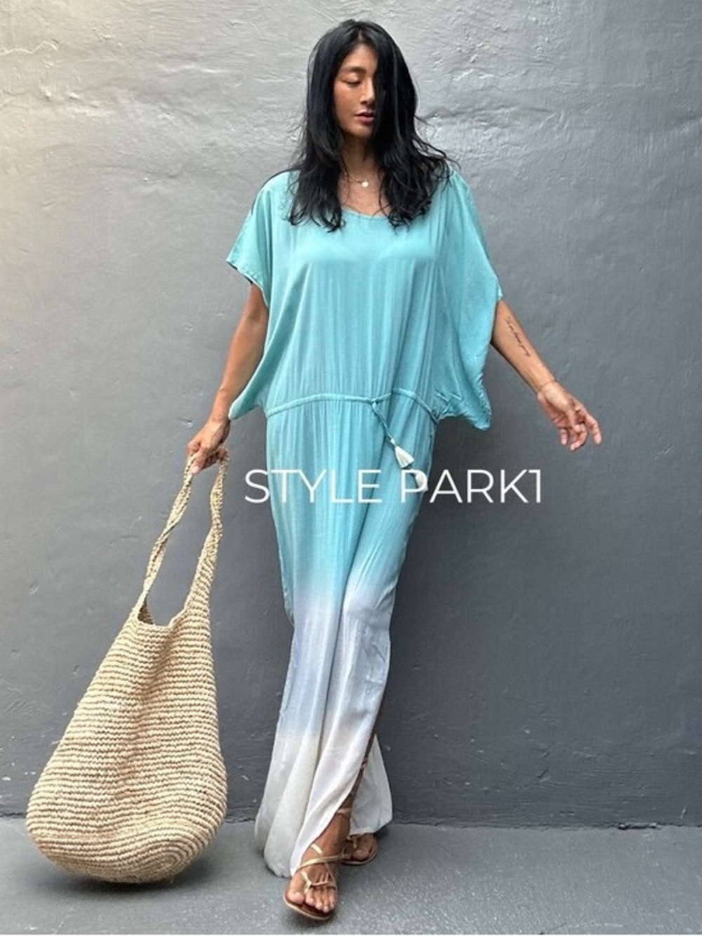STYLE PARK MAXI KAFTAN DRESS - BNWT - ONE SIZE - SOFT TEAL/WHITE OMBRE
